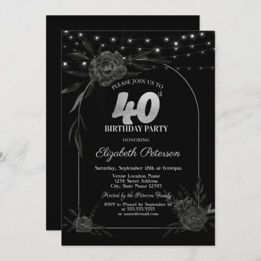 Donkere Rozen, String Lights Zwart 40e Verjaardag Kaart (Voorkant / Achterkant)