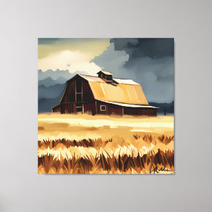 Donkere Rustic Barn & Wheat Field Waterverf Canvas Afdruk