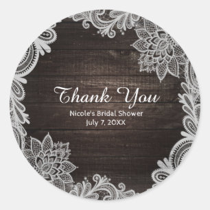 Donkere Rustieke Houten & Elegante Kant Trouw Favo Ronde Sticker