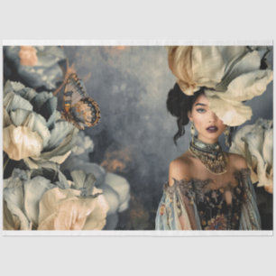 Donkere Schoonheid & Moody Blauwe Bloemen, Portret Tissuepapier