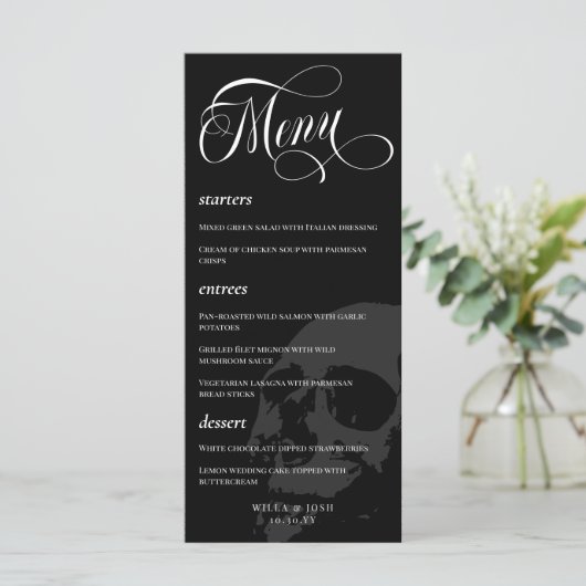 Donkere Skull Beauful Script Gothic Wedding Menu (Staand voorkant)