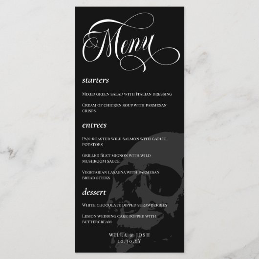Donkere Skull Beauful Script Gothic Wedding Menu (Voorkant)
