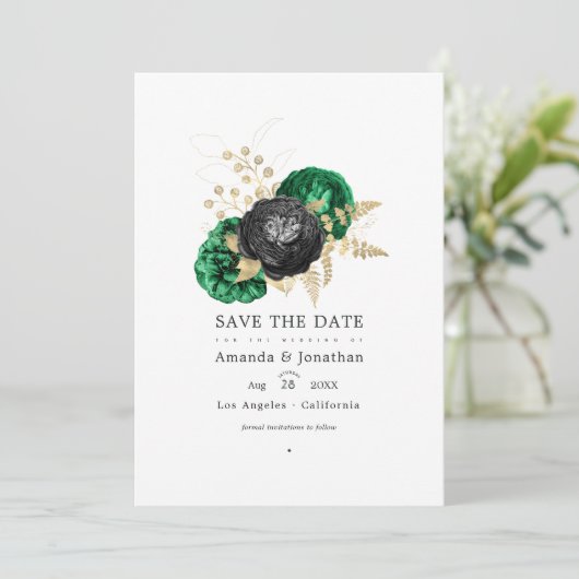 Donkere smaragd en goudbloedige bruiloft sparen de save the date (Staand voorkant)