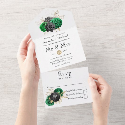 Donkere smaragd en gouden bloemen in één keer all in one uitnodiging (Afscheurbaar)