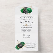 Donkere smaragd en gouden bloemen in één keer all in one uitnodiging (Binnen)