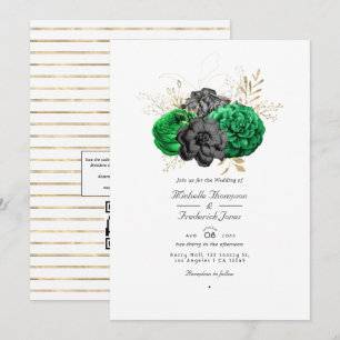 Donkere smaragd en gouden bloemencode QR Code RSVP Kaart