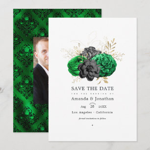 Donkere Smaragd en Gouden Bloemige Bruiloft Save The Date