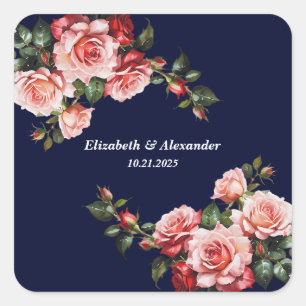 Donkere, sombere roze en rode rozen marineblauwe t vierkante sticker