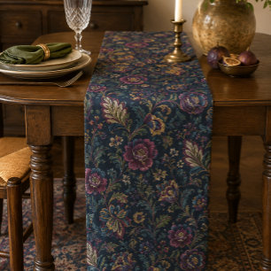Donkere Stemming Bloemige Vintage Crewel Botanisch Korte Tafelloper