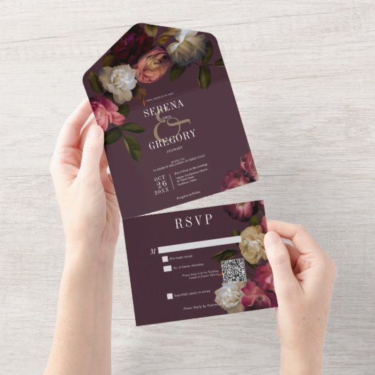 Donkere Stemming Roze Burgundy & Crème Pioenrozen  All In One Uitnodiging (Afscheurbaar)