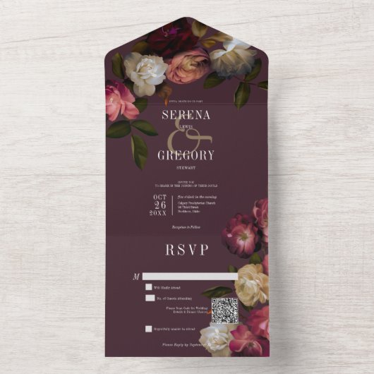 Donkere Stemming Roze Burgundy & Crème Pioenrozen  All In One Uitnodiging (Binnen)