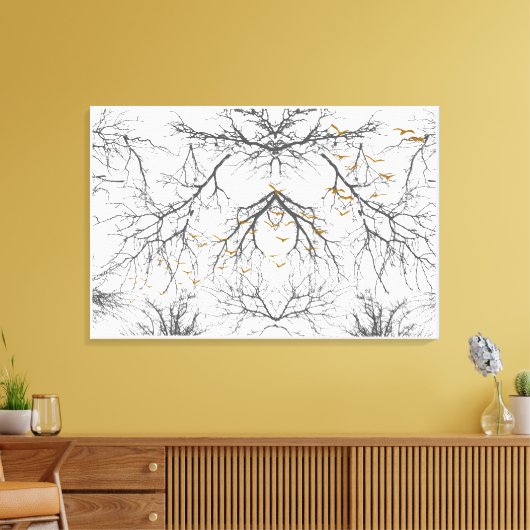 Donkere takken en bomen met gouden vogels canvas afdruk (Insitu (Woonkamer))