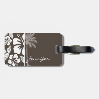 Donkere taupe tropische hibiscus; zomerpalm bagagelabel