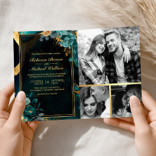 Donkere Teal Gouden Bloem Marmer QR Code Huwelijk