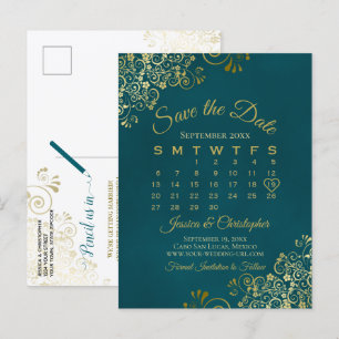 Donkere Teal & Gouden Trouw Save the Date Kalender Aankondigingskaart