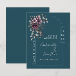Donkere Teal, Stof Paarse Boog Save the Date | Kaart