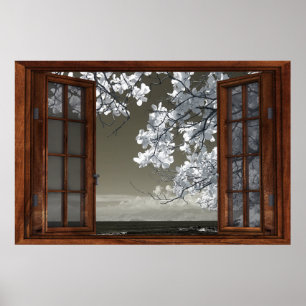 Donkere tinten Open French Window White Blossom Ui Poster