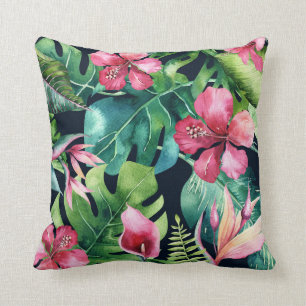 Donkere Tropische Palmbladeren Hibiscus Bloem Eila Kussen