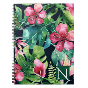 Donkere Tropische Palmbladeren Hibiscus Bloemend E Notitieboek