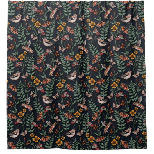 Donkere tuinvogels en vlinders douchegordijn (Voorkant)