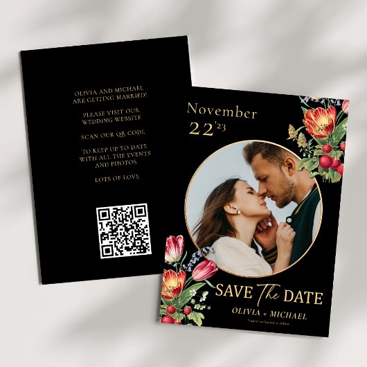 Donkere tulpen Aardbeien Foto QR Bewaar de datum Save The Date