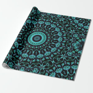 Donkere Turkooise BloemenMandala Cadeaupapier