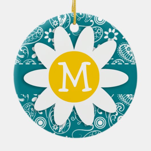 Donkere Turquoise Paisley; Daisy Keramisch Ornament (Achterkant)