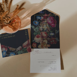 Donkere Vintage Bloemen Bruiloft All In One Uitnodiging