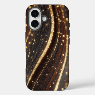 Donkere walnoot houtnerf met sprankelende gouden r iPhone 16 hoesje