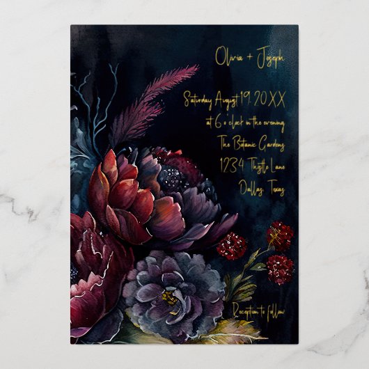 Donkere Waterverf Moody Floral Wedding Folie Uitnodiging (Voorkant)