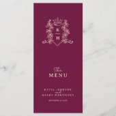 Donkere wijn rood en perzikkroon monogram bruiloft menu (Voorkant)