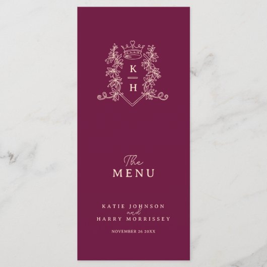 Donkere wijn rood en perzikkroon monogram bruiloft menu (Voorkant)