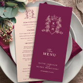 Donkere wijn rood en perzikkroon monogram bruiloft menu