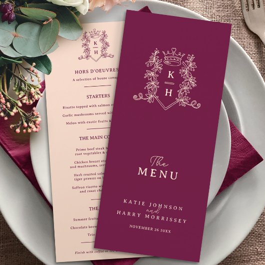 Donkere wijn rood en perzikkroon monogram bruiloft menu