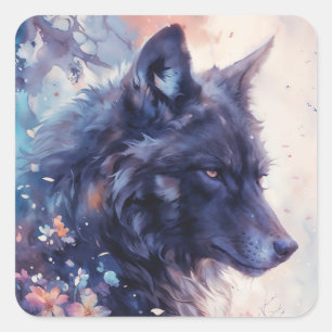 Donkere Wolf Profiel in Roze Waterverf Bloementuin Vierkante Sticker