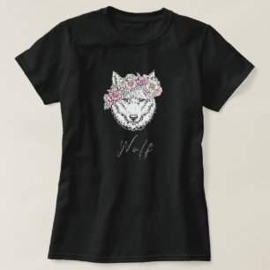 Donkere wolf  roze geel bloembloem t-shirt