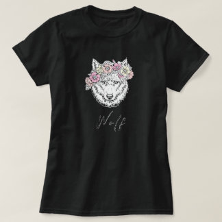 Donkere wolf roze geel bloembloem t-shirt