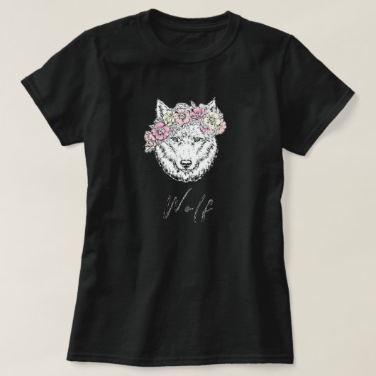 Donkere wolf roze geel bloembloem t-shirt (Design voorkant)