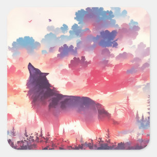 Donkere wolf silhouet in roze en paarse zonsonderg vierkante sticker