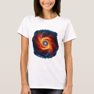 Donkere wolken en vlammen omringen een draaiende b t-shirt
