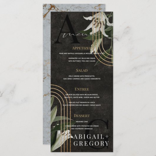 Donkere zwarte Moody Green botanische bruiloft Menu (Voorkant / Achterkant)