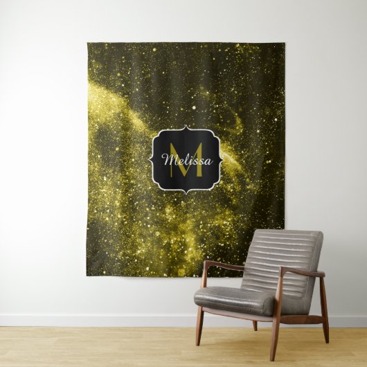 Donkergeel zwart abstract sterrenstelsel Monogram Wandkleed (In situ)
