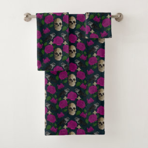 Donkergotisch Grungy Roos Vines Raven Skull roze Bad Handdoek