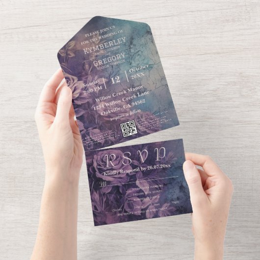 Donkergotische Paarse Lavendel Roos QR-code All In One Uitnodiging (Afscheurbaar)