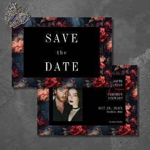 Donkergotische Rood Roze Bloemen Fotobruiloft Save The Date