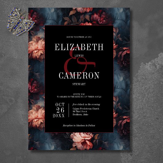 Donkergotische Rood & Roze Bloemen Huwelijk Kaart