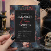 Donkergotische Rood & Roze Bloemen Huwelijk Kaart