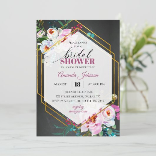 Donkergoudtropische bridale doucheuitnodiging kaart (Staand voorkant)