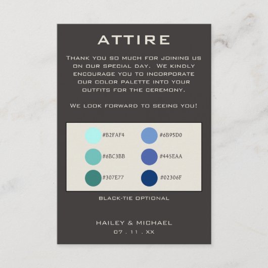 Donkergrijs bruiloft kleding kleur palet informatiekaartje (Voorkant)