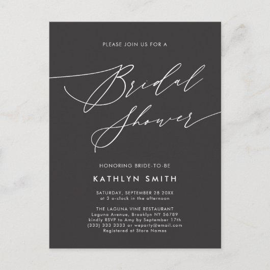 Donkergrijs Elegant Script Minimalist Vrijgezellen Uitnodiging Briefkaart (Voorkant)